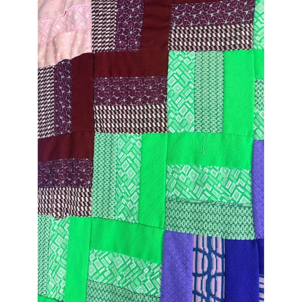 Vintage Handmade Patchwork Quilt Rainbow Polyester Double Knit 70s Retro 68x82